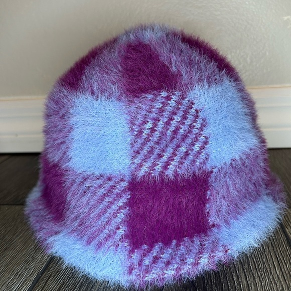 Fuzzy Plaid Bucket Hat – Purple & Baby Blue | Soft Winter Style | One Size - Picture 2 of 12